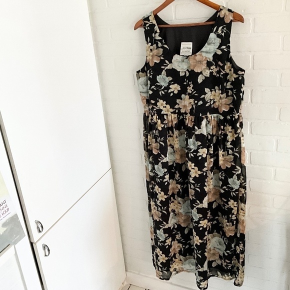 Vintage Joseph Ribkoff Maxi Dress Dark Floral Roses Black Blue 16 Petite - Picture 1 of 10